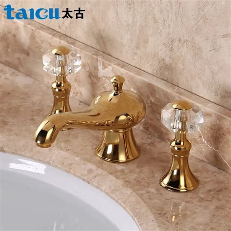 Basin Faucets Gold Brass Crystal Handle 3 Piece Set Faucet Bathroom Mixer Deck Mounted Dual