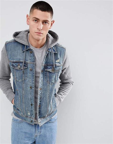 hollister hooded denim jacket with gray sweat sleeves and hood in mid wash hooded denim jacket