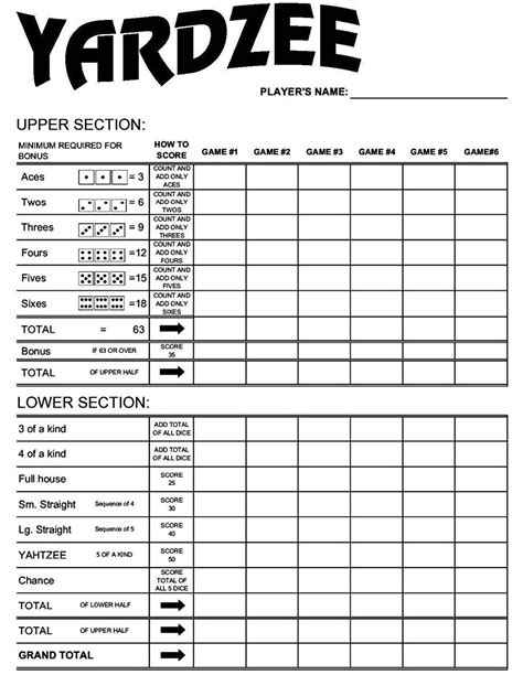 Yardzee Score Card Free Printable