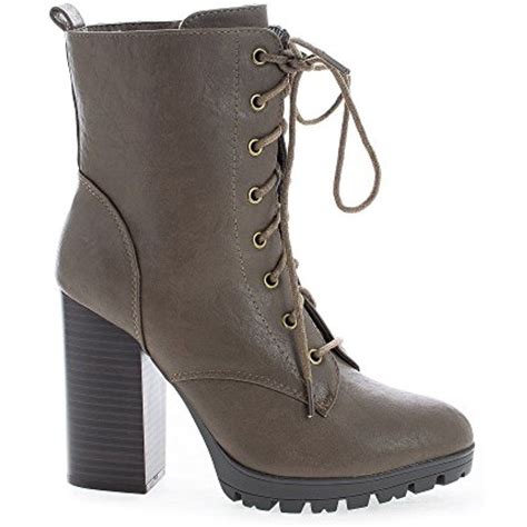 Lace Up Lug Sole Platform Block High Heel Combat Boots To View