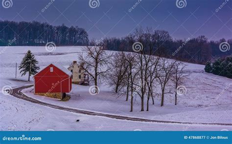 Winter View Of A Red Barn On A Farm In Rural York County Pennsylvania