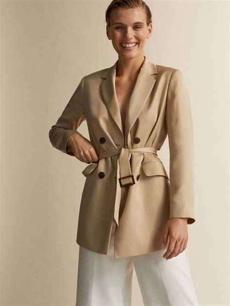 Double Breasted Cupro Blazer With Belt Women Massimo Dutti Dressy Casual Casual Looks