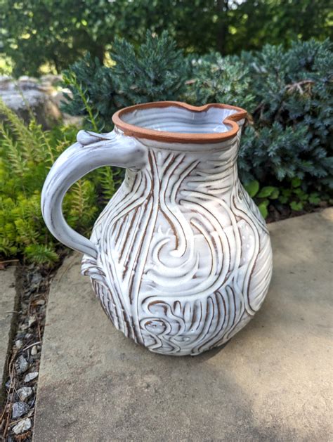 Hand Thrown Pottery Pitcher Large One Gallon Carved North Carolina