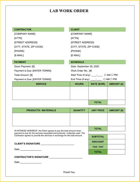 Lab Work Order Template Example