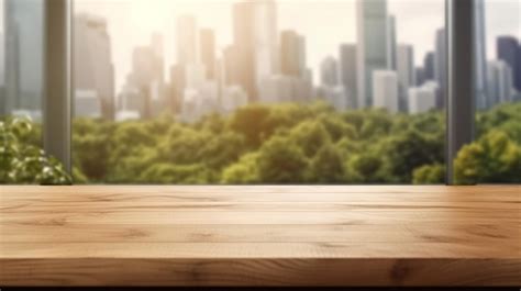 Premium Ai Image Wood Table Top On Blur Glass Window Wall Building