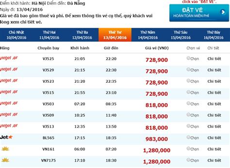 Bảng giá vé máy bay Hà Nội Đà Nẵng của Vietjet Air VietJet Air