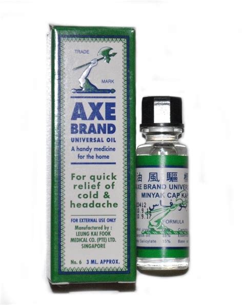 Axe brand universal oil (also known as axe brand medicated oil in some countries) is made from a unique formula and has been used throughout the world for. 3 ML Axe Brand Universal Oil Instant Pain / Cold ...
