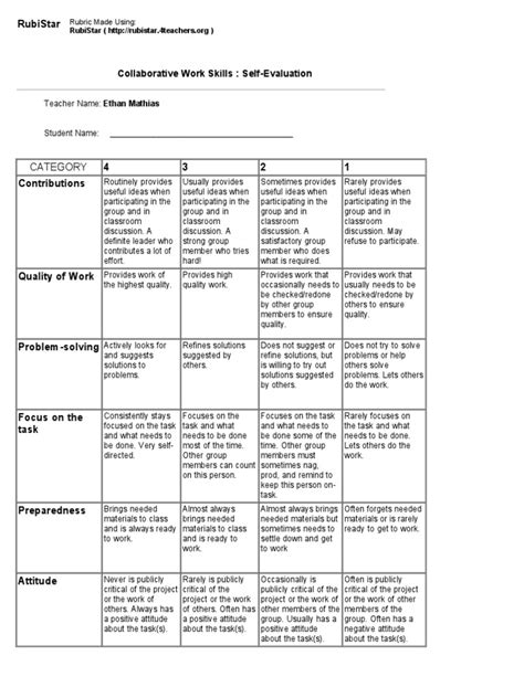 Self Evaluation Rubric Rubric Academic Educational Psychology