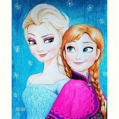 A Drawing Of Two Frozen Princesses One With Long Hair And The Other