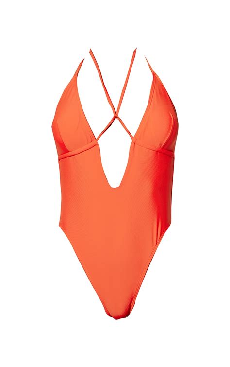 hot orange plunge padded halterneck swimsuit prettylittlething aus