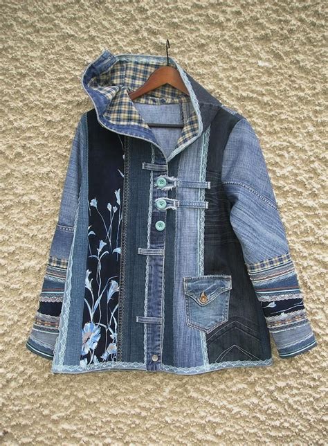 hooded jacket upcycled clothing by ecoclo denim collection size m Одежда из переработанных