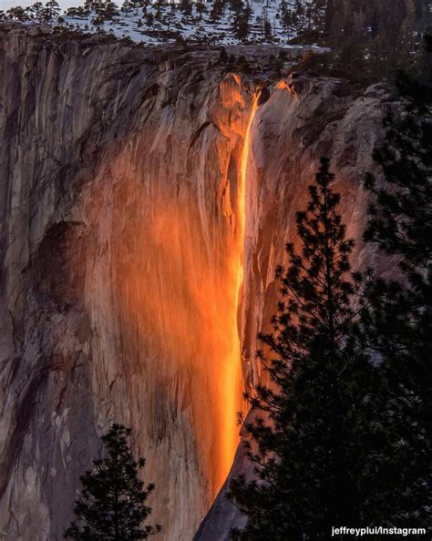 Sun Turns Horsetail Fall Waterfall Into Glowing Orange Firefall In