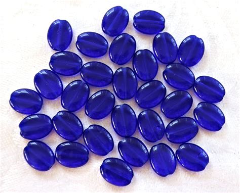 25 Cobalt Blue Flat Oval Czech Glass Beads 12mm X 9mm Pressed Glass