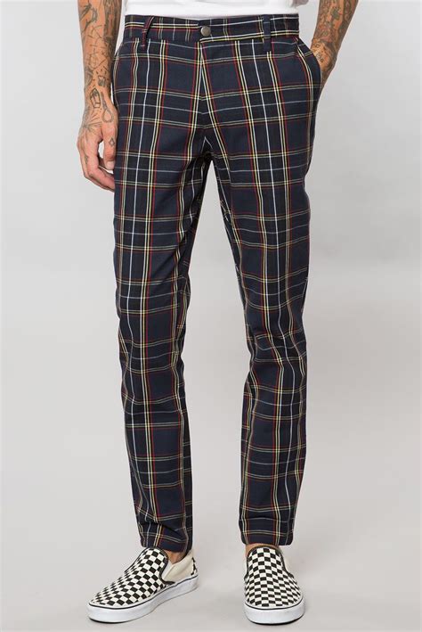 navy tartan plaid slim tapered pant slim fit pants slim fit men vintage inspired outfits