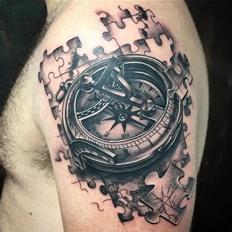 Mystic Eye Tattoo Tattoos Finished Work Realistic Compass With Jigsaw Pieces In Black And Gray