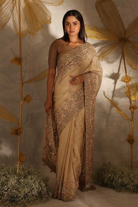 Nirmal Creations Gold Tissue Hand Embroidered Saree With Blouse