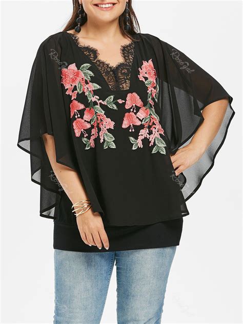 [70 off] rosegal plus size embroidery v neck overlay blouse rosegal