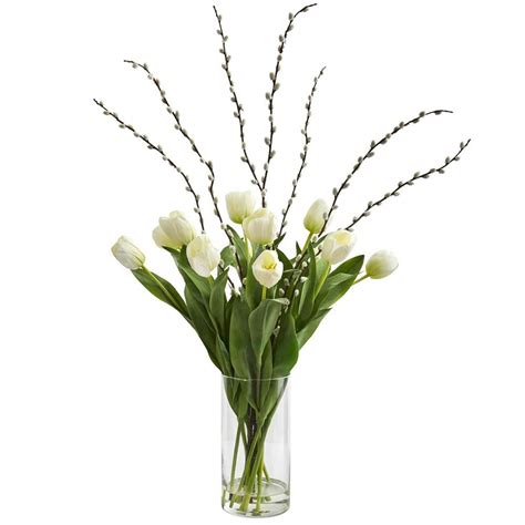 Nearly Natural Indoor Tulips Artificial Arrangement In Cylinder Vase