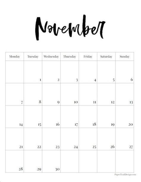 Print This November 2022 Monday Start Vertical Calendar That Will Fit