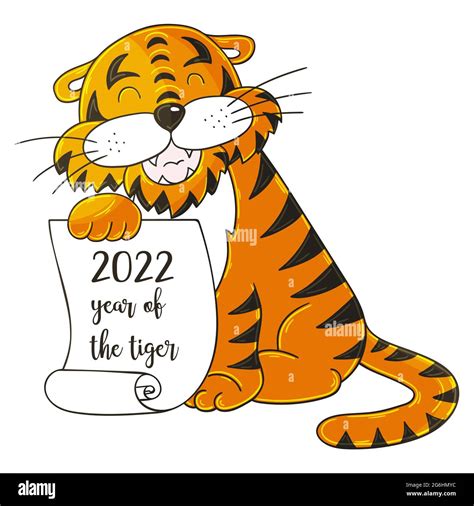 Symbol Of 2022 Vector Illustration With Tiger In Hand Draw Style New