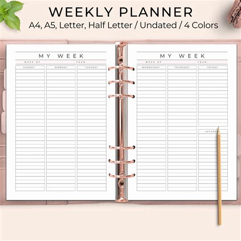 Weekly Planner Pages Weekly Agenda Undated Weekly Planner A5 Weekly