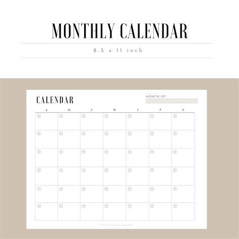 Monthly Calendar 85x11 Inch Printable Downloadable Etsy