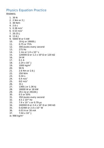 Physics Equation Practice Answers Teaching Resources