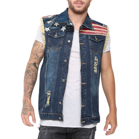 Mens Us Flag Denim Lapel Vest Casual Sleeveless Slim Fit Button Up