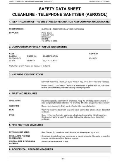 Safety Data Sheet Cleanline Telephone Sanitiser Aerosol Greenham