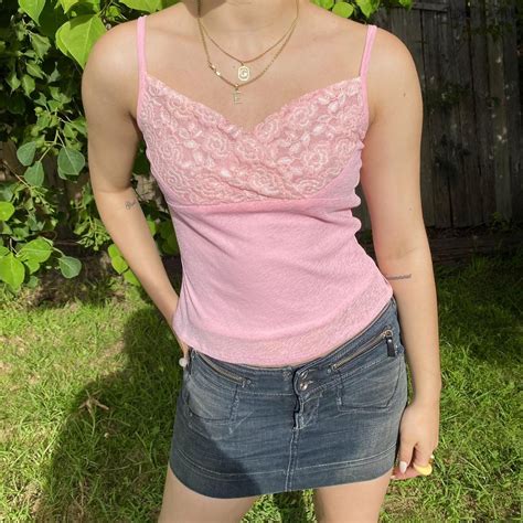 Cutest Pink Mesh Overlay Cropped Singlet With Lace Depop