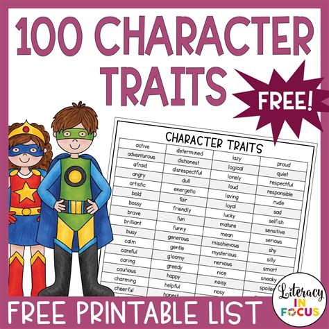 100 Character Traits List Free Printable Pdf Literacy In Focus