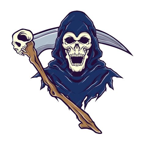 Grim Reaper Logo Met Scyte Illustratieconcept Premium Vector