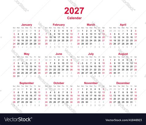 Calendar Year 2027 Royalty Free Vector Image Vectorstock