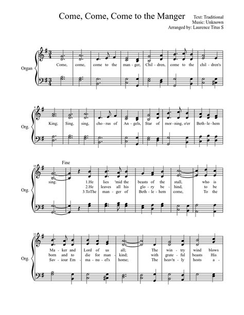 Come Come Come To The Manger Sheet Music For Organ Download Free In