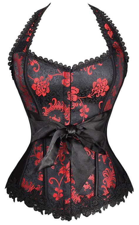 Unique Black Satin Halter Neck Red Jacquard Weave Corset N10022