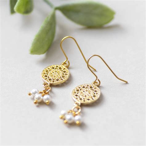 Gold Plated Filigree Earrings With Triple Pearl Drop By Joy By Corrine