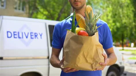 Market Worker Giving Grocery Bag Goods Delivery Service Express Food