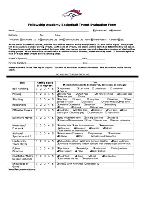 fellowship academy basketball tryout evaluation form printable