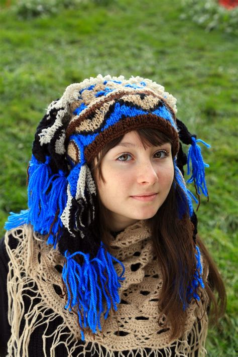 Blue Crochet Hat Large Headdress Native Style Chief Hat Knit Yarn