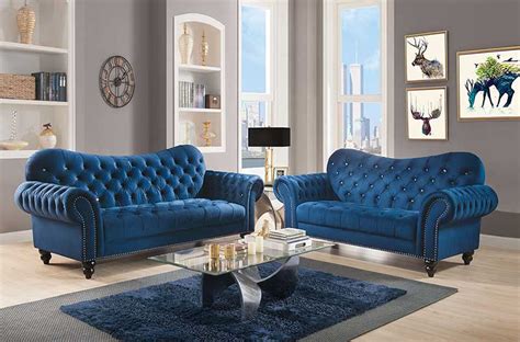 Transitional Living Room 2 Piece Navy Blue Velvet Sofa Couch Loveseat