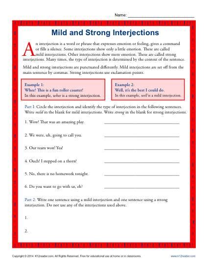 Mild And Strong Interjections 5th Grade Interjection Worksheets