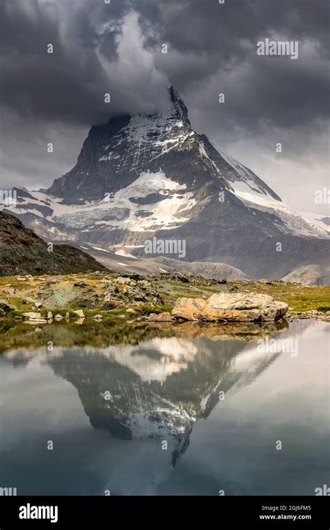 Lake Riffelsee With Matterhorn Zermatt Valais Switzerland Stock