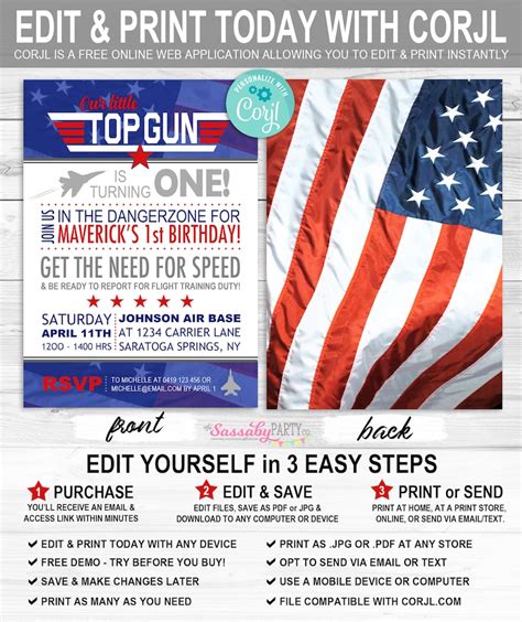 Top Gun 1st Birthday Invitation Instant Download Partially Etsy