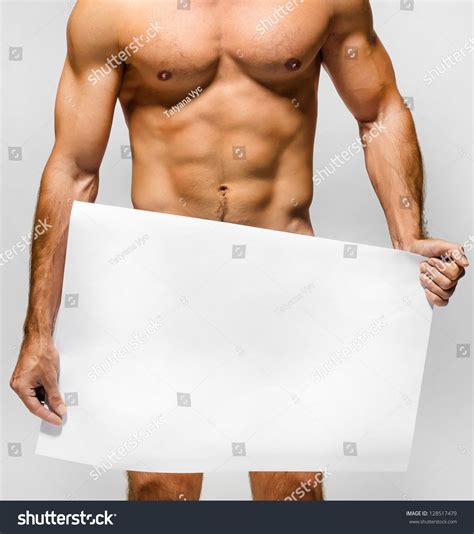 Naked Muscular Man Covering Banner Copy Stock Photo Shutterstock