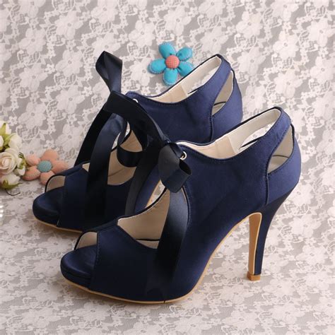 Wedopus Navy Blue Lace Up Bride Wedding Shoe Open Toe Satin For Women