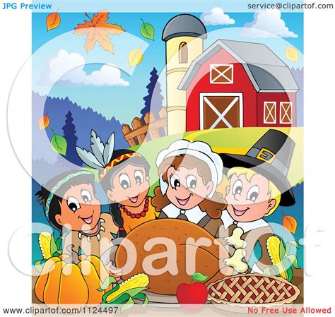 Cartoon Of Happy Pilgrims And Indians Having A Feast On A Farm