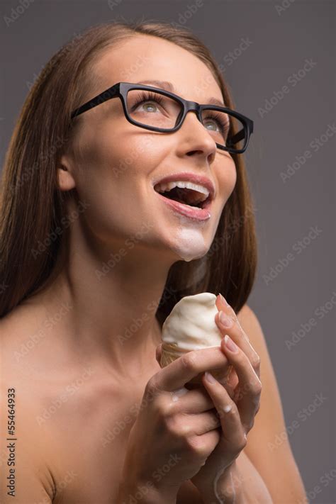 Woman With Ice Cream Beautiful Naked Woman Eating Ice Cream Whi Stock Photo Adobe Stock