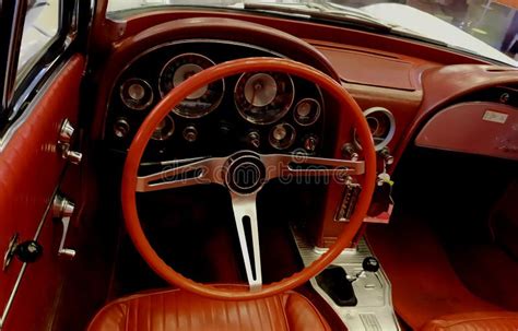 The Red Steering Wheel Of An Old Classy Car Stock Photo Image Of
