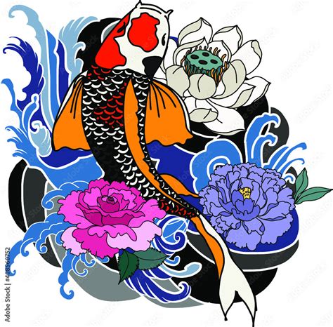 Hand Drawn Koi Fish With Flower Tattoo For Armcolorful Koi Carp With