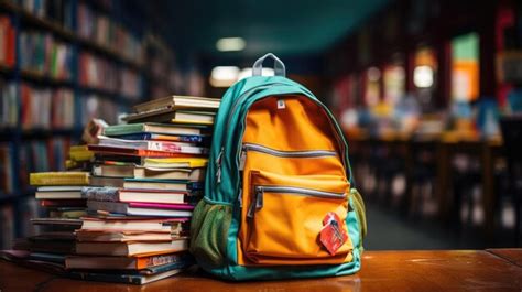 Premium Ai Image Colorful Backpack With A Stack Of Textbooks Inside